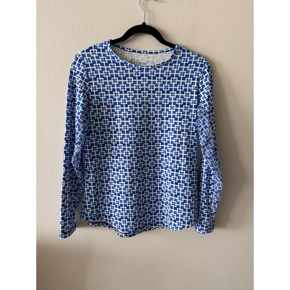 G Lifestyle Women Medium Mesh Long Sleeve Top Blue Geometric Golf Pickleball